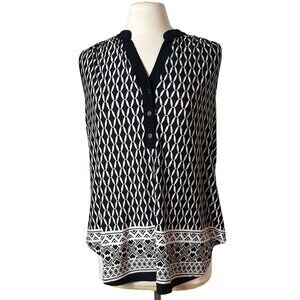 PerSeption Women Sleeveless Blouse 1X Black White V-Neck Geometric Button Detail
